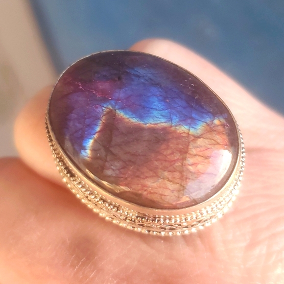 New Multicolor Flash Labradorite Antiqued 925 Silver Ring. - Picture 1 of 16
